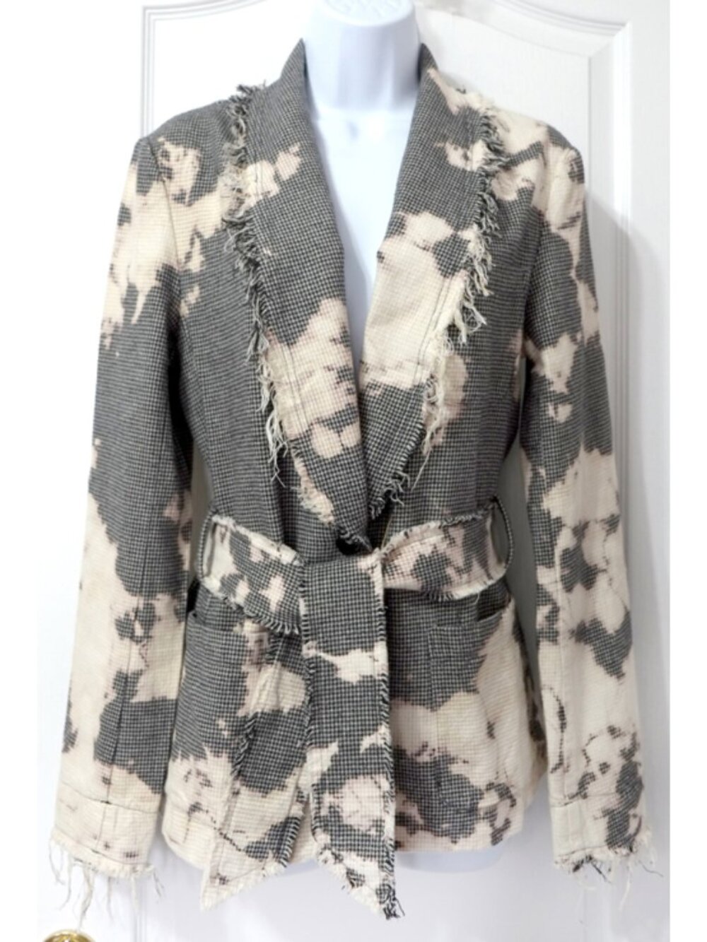 Raquel Allegra black and cream check tie-dye belted blazer Sz Sm